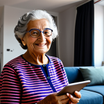"Abuela Tecnológica"**

Prompt: A vibrant portrait of an elderly Spanish woman ("abuela") in her 70s, wearing a stylish, brightly colored outfit and holding a tablet. She's smiling warmly, with a modern, minimalist apartment visible in the background. The apartment features smart home technology: a robotic vacuum cleaner, voice-controlled lighting. Add a touch of futuristic elements subtly blended in, but keep the focus on her warmth and personality.  Safe for work, appropriate content, fully clothed, professional, family-friendly, perfect anatomy, natural proportions, high quality. She should look healthy and engaged with the technology, not overwhelmed. Consider a warm, inviting lighting scheme.
**