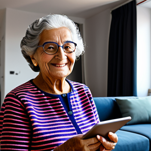 Home 6 "Abuela Tecnológica"**
Prompt: A vibrant portrait of an elderly Spanish woman ("abuela") in her 70s, wearing a stylish, brightly colored outfit and holding a tablet. She's smiling warmly, with a modern, minimalist apartment visible in the background. The apartment features smart home technology: a robotic vacuum cleaner, voice-controlled lighting. Add a touch of futuristic elements subtly blended in, but keep the focus on her warmth and personality. Safe for work, appropriate content, fully clothed, professional, family-friendly, perfect anatomy, natural proportions, high quality. She should look healthy and engaged with the technology, not overwhelmed. Consider a warm, inviting lighting scheme.
**