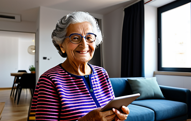 "Abuela Tecnológica"**

Prompt: A vibrant portrait of an elderly Spanish woman ("abuela") in her 70s, wearing a stylish, brightly colored outfit and holding a tablet. She's smiling warmly, with a modern, minimalist apartment visible in the background. The apartment features smart home technology: a robotic vacuum cleaner, voice-controlled lighting. Add a touch of futuristic elements subtly blended in, but keep the focus on her warmth and personality.  Safe for work, appropriate content, fully clothed, professional, family-friendly, perfect anatomy, natural proportions, high quality. She should look healthy and engaged with the technology, not overwhelmed. Consider a warm, inviting lighting scheme.
**